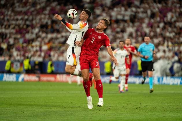 GER, Euro 2024, round of sixteen, Germany Germany, GER vs Denmark Denmark, DNK 29 06 2024, Signal Iduna Park BVB Stadion Dortmund , Dortmund, GER, Euro 2024, round of sixteen, Germany Germany Germany, GER vs Denmark Denmark, DNK In the picture duel between Kai Havertz Germany Germany GER, 7 and Janni Vestergaard Denmark Denmark DNK, 3 nordphotoxGmbHxx xChristianxSchulze nph000300