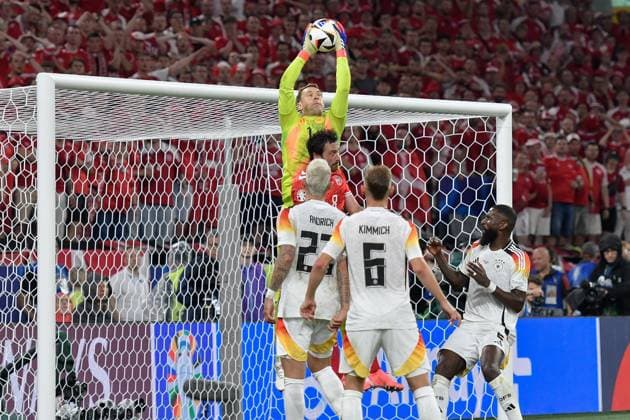 Penalty area scene, Manuel Neuer 1 Germany thwarts scoring chance by Thomas Delaney 8 Denmark 29 06 2024 European Football Championship in Germany Germany vs Denmark, Signal Iduna Park, Dortmund, NRW Germany Copyright: xpepphotox xHorstxMauelshagenx pep00321, pep_20240629_hm