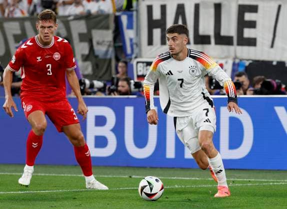 29 06 2024, Football, Euro 2024, Round of 16, Germany - Denmark, GER, Dortmund, BVB Stadion Picture from left Jannik Vestergaard Denmark, 3 and Kai Havertz Germany, 7 Copyright: HMBxMedia xHeikoxBecker