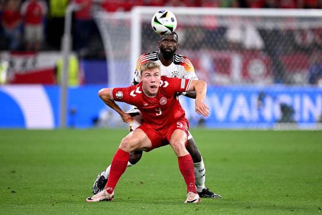 Football Euro 2024 Round of 16 29 06 2024 Germany Denmark Rasmus Hoejlund front, Denmark vs Antonio Ruediger back, Germany