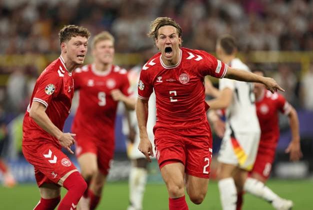 29 06 2024, European Football Championship, UEFA EURO 2024, Germany Denmark, Round of 16, BVB Stadion Dortmund, v l , Goal celebration, celebrate the goal for the disallowed 0 1 by Joachim Christian Andersen Denmark , Goal celebration, celebrate the goal Copyright: HMBxMedia