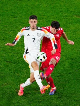 Kai Havertz of Germany and Andreas Christensen of Denmark Germany v Denmark, UEFA European Championship, EM, Europameisterschaft 2024, Round of 16, Football, BVB Stadion, Dortmund, Germany - 29 Jun 2024 EDITORIAL USE ONLY No use with unauthorised audio, video, data, fixture lists, club league logos or live services. Online in-match use limited to 120 images, no video emulation. No use in betting, games or single club league player publications.  Copyright: xDavexShopland Shutterstockx 14562067k