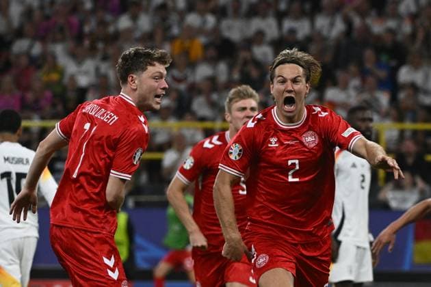 29 06 2024, xpsx, Football EM 2024 1 8 Final, Germany Denmark emspor, v l Goal celebration at Joachim Christian Andersen Denmark Daenemark after the supposed goal for 0 1 Offside DFL DFB REGULATIONS PROHIBIT ANY USE OF PHOTOGRAPHS as IMAGE SEQUENCES and or QUASI VIDEO Dortmund