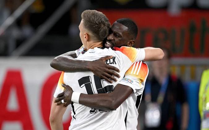 Football Euro 2024 round of 16 29 06 2024 Germany Denmark Germany cheering Nico Schlotterbeck left with Antonio Ruediger right