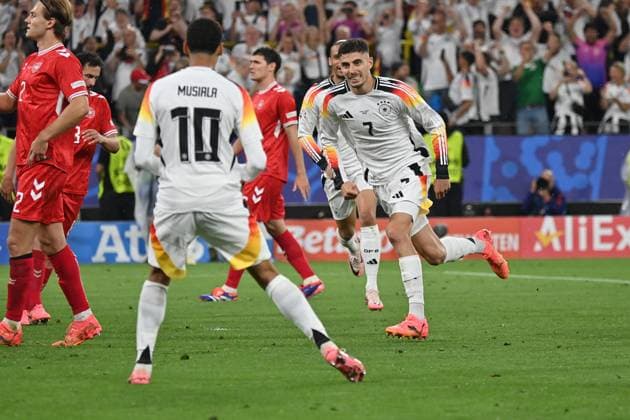 29 06 2024, xjrdrx, Football EM 2024 1 8 Final, Germany Denmark emspor, v l Goal celebration after the goal to celebrate the goal celebrate 1 0 by Kai Havertz German national football team DFB hand penalty penalty UEFA REGULATIONS PROHIBIT ANY USE OF PHOTOGRAPHS as IMAGE SEQUENCES and or QUASI VIDEO Dortmund