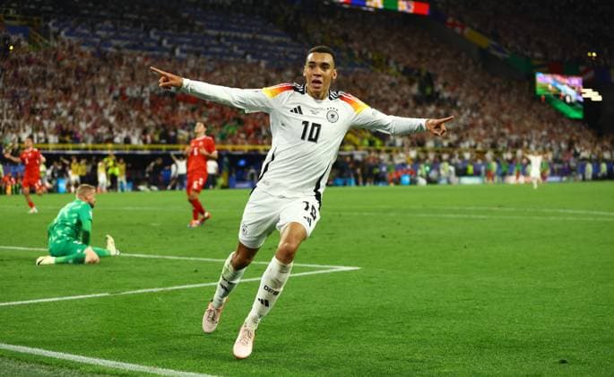 Jamal Musiala of Germany celebrates after scoring the second goal 2-0 Germany v Denmark, UEFA European Championship, EM, Europameisterschaft 2024, Round of 16, Football, BVB Stadion, Dortmund, Germany - 29 Jun 2024 EDITORIAL USE ONLY No use with unauthorised audio, video, data, fixture lists, club league logos or live services. Online in-match use limited to 120 images, no video emulation. No use in betting, games or single club league player publications. Copyright: xKieranxMcManus Shutterstockx 14562066cc