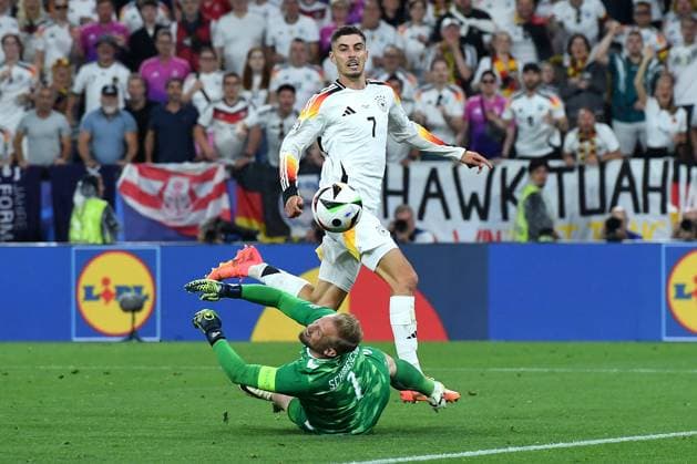 Soccer UEFA EURO 2024 Round of 16 Germany Denmark on 29 06 2024 at BVB Stadion Dortmund in Dortmund Kasper Schmeichel Denmark , below Kai Havertz Germany , above xRx
