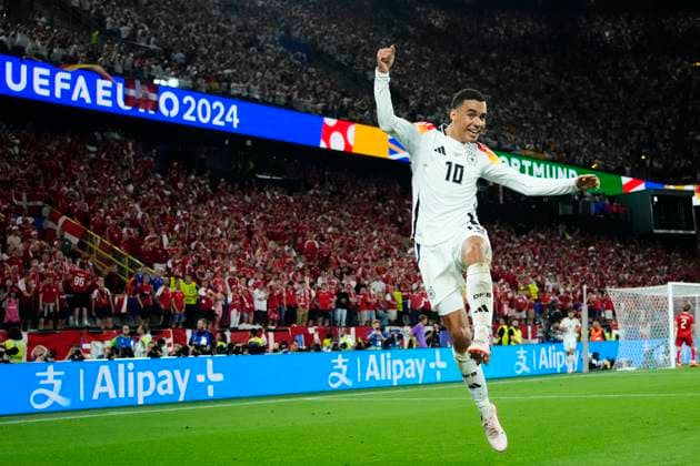 Germany v Denmark: Round of 16 - UEFA EURO, EM, Europameisterschaft,Fussball 2024 Jamal Musiala attacking midfield of Germany and Bayern Munich celebrates after scoring his sides first goal during the UEFA EURO 2024 round of 16 match between Germany and Denmark at Football Stadium Dortmund on June 29, 2024 in Dortmund, Germany. Dortmund Germany  Copyright: xJosexBretonx originalFilename:bretonhernandez-germanyv240629_npKcZ.jpg