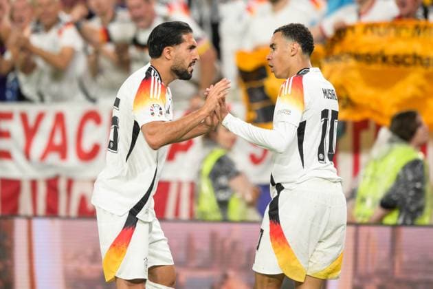 Soccer, UEFA EURO 2024 Round of 16, 20240629, Germany Denmark In the picture Emre CAN Germany, 25 and Jamal MUSIALA Germany, 10 Goal celebration cheers goal 2 0 Dortmund BVB Stadium Dortmund North Rhine-Westphalia Germany Copyright: Passion2Press MarkusxFischerx
