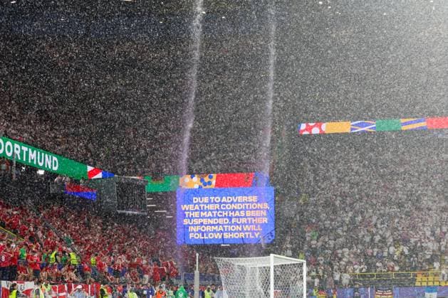 Euro 2024 Germany Denmark on 29 06 2024 in the BVB Stadium Dortmund in Dortmund The match was interrupted due to the weather on the scoreboard video screen is due to bad weather conditions the game was interrupted More information will follow shortly MH