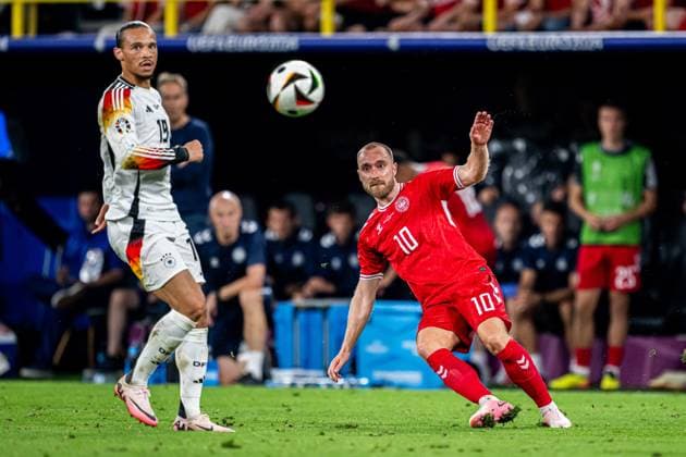 240629 Leroy Sane of Germany and Christian Eriksen of Denmark during the UEFA Euro 2024 Football Championship round of 16 match between Germany and Denmark on June 29, 2024 in Dortmund Photo Jesper Zerman BILDBYRAN kod JZ JZ0545 fotboll football soccer fotballs em europamästerskap em uefa euro uefa european football championship euro 2024 tyskland germany danmark denmark bbeng  Copyright: JESPERxZERMAN BB240629JZ124