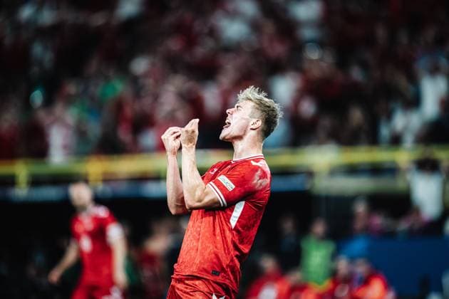 Soccer Men UEFA European Football Championship 2024 Round of 16 Germany vs Denmark 29 06 2024 Rasmus Hojlund 9, Denmark upset Dortmund BVB Stadion Dortmund North Rhine-Westphalia Germany