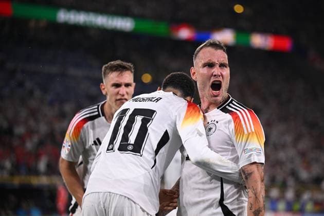 Germany Soccer Euro 2024 Germany - Denmark 8719425 29.06.2024 Germany s Jamal Musiala, centre, celebrates his goal with teammates during the UEFA EURO, EM, Europameisterschaft,Fussball 2024 Round of 16 soccer match between Germany and Denmark at the BVB Stadion Dortmund, in Dortmund, Germany. Alexey Filippov Sputnik Dortmund Germany  Copyright: xAlexeyxFilippovx