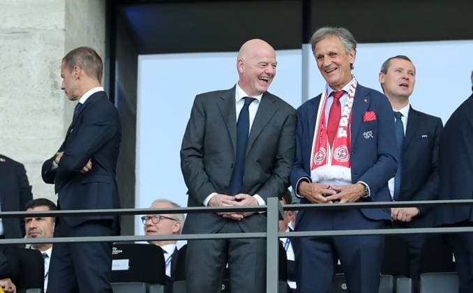 Aleksander Ceferin President UEFA , Gianni Infantino President FIFA , Dominique Blanc President SFV in the stands Sport Football Soccer European Championship Euro 2024 European Championship Men Season 2023 2024 29 06 2024 Switzerland SUI vs Italy ITA in Berlin DFL regulations prohibit any use of photographs as image sequences and or quasi video
