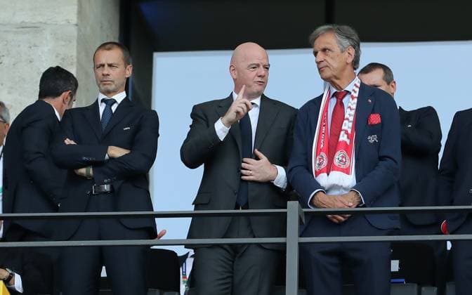 Aleksander Ceferin President UEFA , Gianni Infantino President FIFA , Dominique Blanc President SFV in the stands Sport Football Soccer European Championship Euro 2024 European Championship Men Season 2023 2024 29 06 2024 Switzerland SUI vs Italy ITA in Berlin DFL regulations prohibit any use of photographs as image sequences and or quasi video