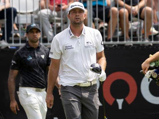 DETROIT, MI - JUNE 29: Taylor Montgomery (USA) reacts after teeming off during the third round of the Rocket Mortgage Classic on June 29, 2024 at Detroit Golf Club in Detroit, Michigan. (Photo by Joseph Weiser Icon Sportswire) GOLF: JUN 29 PGA, Golf Herren Rocket Mortgage Classic EDITORIAL USE ONLY Icon2406290343