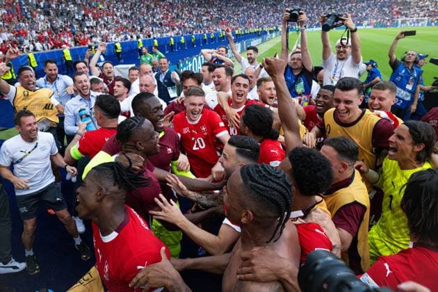 BERLIN, GERMANY - JUNE 29: Michel Aebischer, and players of Switzerland celebrate after wining the match between Switzerland and Italy on Round of 16 - UEFA EURO, EM, Europameisterschaft,Fussball 2024 at Olympiastadion on June 28, 2024 in Berlin, Germany. Photo by Sebastian Frej Switzerland v Italy - Round of 16 - UEFA EURO 2024 Copyright: xSebastianxFrejx