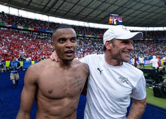 BERLIN, GERMANY - JUNE 29: Manuel Akanji, staff of Switzerland celebrate after wining the match between Switzerland and Italy on Round of 16 - UEFA EURO, EM, Europameisterschaft,Fussball 2024 at Olympiastadion on June 28, 2024 in Berlin, Germany. Photo by Sebastian Frej Switzerland v Italy - Round of 16 - UEFA EURO 2024 Copyright: xSebastianxFrejx