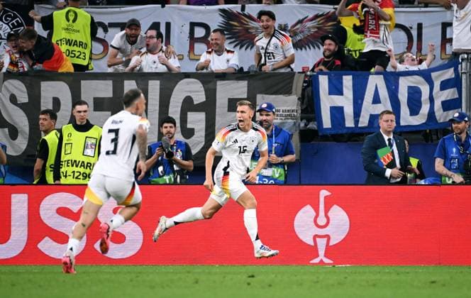 Football, European Championship, EURO 2024, Round of 16, Signal Iduna Park Dortmund Germany Denmark Cheers Nico Schlotterbeck GER after the supposed 1-0 goal Cheers, joy, action