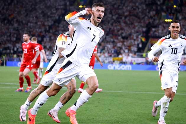HAVERTZ Kai Team Germany cheers after his 11m to lead 1 0 with MUSIALA Jamal UEFA Football EURO 2024 in Germany Round of 16 match Germany Denmark 2 0 on 29 06 2024 in Dortmund DFL REGULATIONS PROHIBIT ANY USE OF PHOTOGRAPHS as IMAGE SEQUENCES and or QUASI VIDEO Copyright: xLacixPerenyix