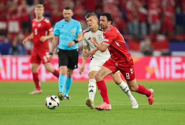 29 06 2024, European Football Championship, UEFA EURO 2024, Germany Denmark, Round of 16, BVB Stadion Dortmund, f l , Toni Kroos Germany , Thomas Joseph Delaney Denmark Copyright: HMBxMedia