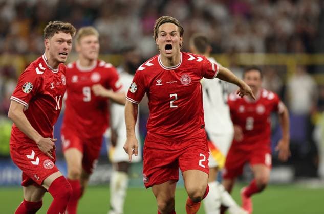 29 06 2024, European Football Championship, UEFA EURO 2024, Germany Denmark, Round of 16, BVB Stadion Dortmund, v l , Goal celebration, celebrate the goal for the disallowed 0 1 by Joachim Christian Andersen Denmark , Goal celebration, celebrate the goal Copyright: HMBxMedia