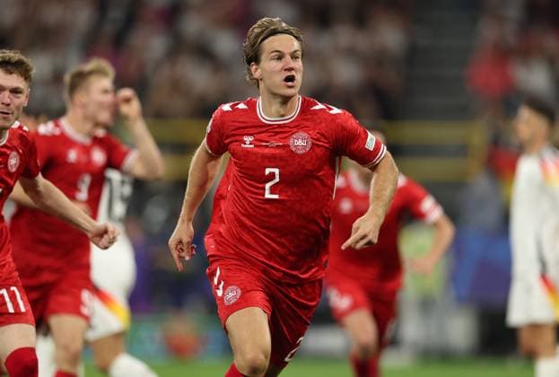 29 06 2024, European Football Championship, UEFA EURO 2024, Germany Denmark, Round of 16, BVB Stadion Dortmund, v l , Goal celebration, celebrate the goal for the disallowed 0 1 by Joachim Christian Andersen Denmark , Goal celebration, celebrate the goal Copyright: HMBxMedia