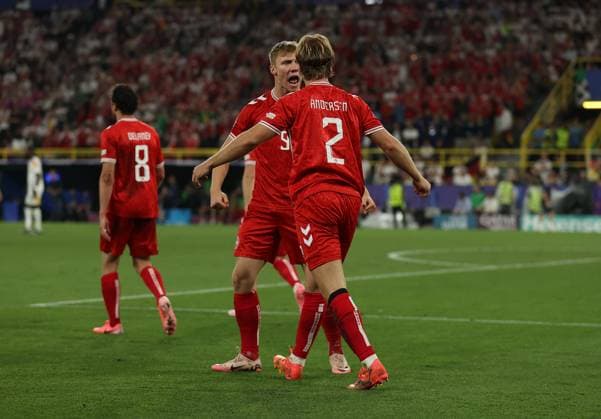 29 06 2024, European Football Championship, UEFA EURO 2024, Germany Denmark, Round of 16, BVB Stadion Dortmund, v l , Goal celebration, celebrate the goal for the disallowed 0 1 by Joachim Christian Andersen Denmark , Goal celebration, celebrate the goal Copyright: HMBxMedia