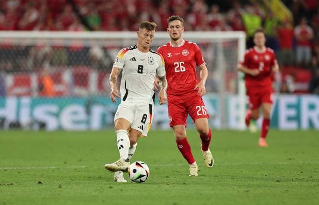 29 06 2024, European Football Championship, UEFA EURO 2024, Germany Denmark, Round of 16, BVB Stadion Dortmund, f l , Toni Kroos Germany , Jacob Bruun Larsen Denmark Copyright: HMBxMedia