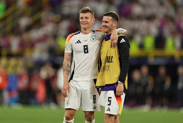 29 06 2024, European Football Championship, UEFA EURO 2024, Germany Denmark, round of 16, BVB Stadium Dortmund, f l , Toni Kroos Germany , Pascal Groß Germany are delighted to have reached the quarter-finals Copyright: HMBxMedia