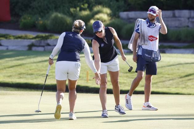 MIDLAND, MI - JUNE 29: LPGA, Golf Damen golfer Nicole Broch Estrup gives a low five to her playing partner Nanna Koerstz Madsen after she made a birdie putt on the 18th hole during the third round of the LPGA Dow Championship on June 29, 2024, at Midland Country Club in Midland, Michigan. (Photo by Brian Spurlock Icon Sportswire) GOLF: JUN 29 LPGA Dow Championship EDITORIAL USE ONLY Icon24062969