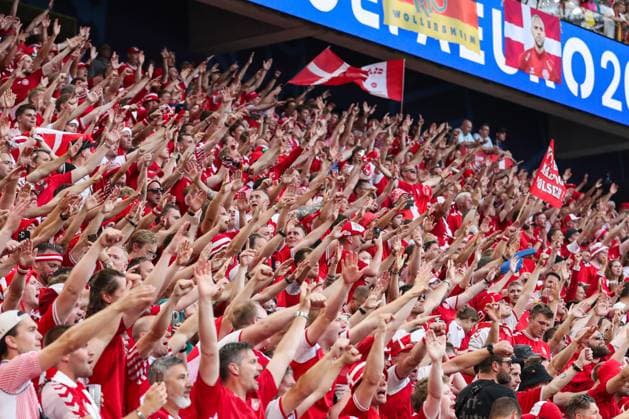 EM 2024 Germany Denmark on 29 06 2024 at the BVB Stadium Dortmund in Dortmund The Denmark fans support their team and hold their arms high MH
