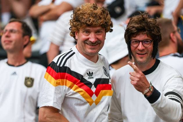 Euro 2024 Germany Denmark on 29 06 2024 at the BVB Stadium Dortmund in Dortmund Germany Fans with Rudi Völler and Paul Breitner wig MH