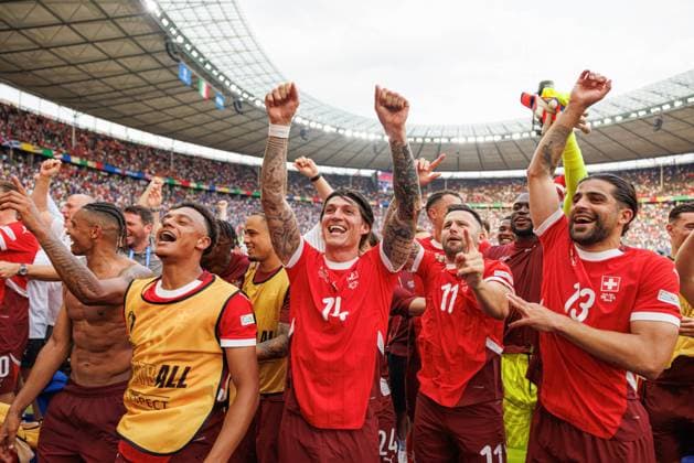 June 29, 2024, Berlin, Germany: Players of Switzerland celebrate during the UEFA EURO, EM, Europameisterschaft,Fussball 2024 Round of 16 game between national teams of Switzerland and Italy at Olympiastadion. Final score; Switzerland 2:0 Italy. Berlin Germany - ZUMAs197 20240629_aaa_s197_164 Copyright: xMaciejxRogowskix
