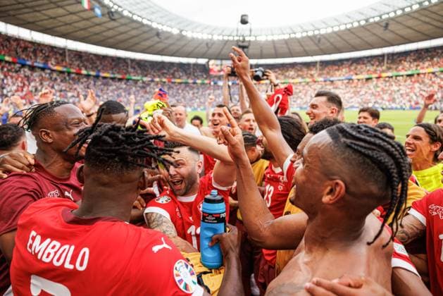 June 29, 2024, Berlin, Germany: Players of Switzerland celebrate during the UEFA EURO, EM, Europameisterschaft,Fussball 2024 Round of 16 game between national teams of Switzerland and Italy at Olympiastadion. Final score; Switzerland 2:0 Italy. Berlin Germany - ZUMAs197 20240629_aaa_s197_167 Copyright: xMaciejxRogowskix