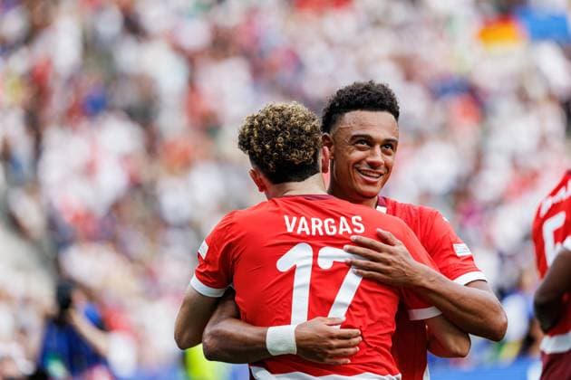 Switzerland Vs Italy in Berlin, Germany - 29 Jun 2024 Ruben Vargas and Dan Ndoye of (Switzerland) celebrate a goal during the UEFA EURO, EM, Europameisterschaft,Fussball 2024 Round of 16 game between national teams of Switzerland and Italy at Olympiastadion. Final score; Switzerland 2:0 Italy. Berlin Germany Copyright: xMaciejxRogowskix xSOPAxImagesx MROGOWSKI-25