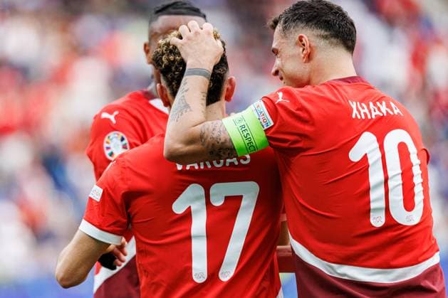 Switzerland Vs Italy in Berlin, Germany - 29 Jun 2024 Ruben Vargas and Granit Xhaka of (Switzerland) celebrate a goal during the UEFA EURO, EM, Europameisterschaft,Fussball 2024 Round of 16 game between national teams of Switzerland and Italy at Olympiastadion. Final score; Switzerland 2:0 Italy. Berlin Germany Copyright: xMaciejxRogowskix xSOPAxImagesx MROGOWSKI-27