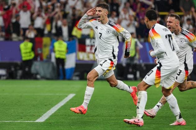 Euro 2024 Germany Denmark on 29 06 2024 at the BVB Stadium Dortmund in Dortmund Cheering, goal celebration, goal scorer, goal scorer Kai Havertz Germany 7 cheers after his goal for 1 to 0 with Jamal Musiala Germany 10 and David Raum Germany 3 MH