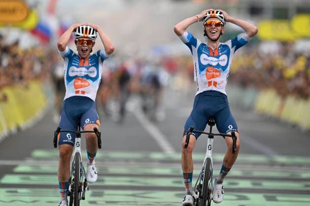 Tour de France 2024 - Stage 01 RIMINI, ITALY - JUNE 29 : Bardet Romain (FRA) of Team dsm-firmenich PostNL and Van Den Broek Frank (NED) of Team dsm-firmenich PostNL pictured becoming first and second during stage 1 of the 111th edition of the Tour de France 2024 cycling race, a stage of 206 kms with start in Florence and finish in Rimini on June 29, 2024 in Rimini, Italy, 29 06 2024 Rimini Italy  Copyright: xNicoxVereeckenx