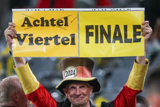 European Championship 2024 Germany Denmark on 29 06 2024 at the BVB Stadium Dortmund in Dortmund A Germany fan with a poster sign Quarter Final MH