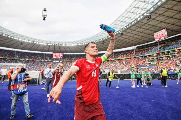 June 29, 2024, Berlin, Germany: Granit Xhaka of (Switzerland) celebrates during the UEFA EURO, EM, Europameisterschaft,Fussball 2024 Round of 16 game between national teams of Switzerland and Italy at Olympiastadion. Final score; Switzerland 2:0 Italy. Berlin Germany - ZUMAs197 20240629_aaa_s197_174 Copyright: xMaciejxRogowskix