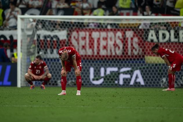 (240630) -- DORTMUND, June 30, 2024 -- Players of Denmark react after the UEFA EURO, EM, Europameisterschaft,Fussball 2024 Round of 16 match between Germany and Denmark in Dortmund, Germany, June 29, 2024. ) (SP)GERMANY-DORTMUND-FOOTBALL-EURO 2024-GERMANY VS DENMARK XiaoxYijiu 