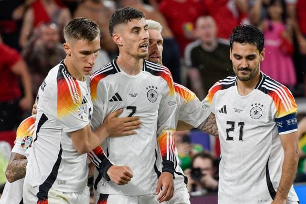 Kai Havertz 7 Germany celebrates after scoring the 1 0 goal with Nico Schlotterbeck 15 Germany lkay Gündogan Guendogan 21 Germany 29 06 2024 European Football Championship in Germany Germany vs Denmark, Signal Iduna Park, Dortmund, NRW Germany Copyright: xpepphotox xHorstxMauelshagenx pep00321, pep_20240629_hm