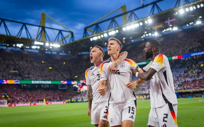 Dortmund, Germany 29th Jun 2024 Goal celebration David Raum DFB Nico Schlotterbeck DFB Antonio Rüdiger DFB Germany Denmark Germany Denmark 29 06 2024
