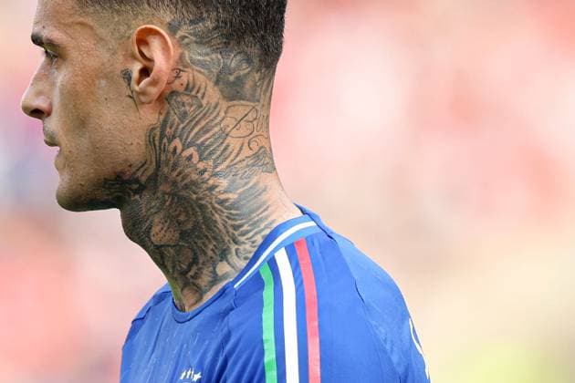 Tattoos on the neck of Gianluca Scamacca of Italy Switzerland v Italy, UEFA European Championship, EM, Europameisterschaft 2024, Round of 16, Football, Olympiastadion, Berlin, Germany - 29 Jun 2024 EDITORIAL USE ONLY No use with unauthorised audio, video, data, fixture lists, club league logos or live services. Online in-match use limited to 120 images, no video emulation. No use in betting, games or single club league player publications. Copyright: xPaulxCurrie Shutterstockx 14562043iv