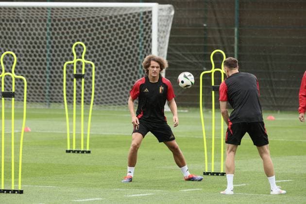 Belgium s Wout Faes pictured during a training session of Belgian national soccer team Red Devils, Sunday 30 June 2024 at their base camp in Freiberg am Neckar, Germany, during the UEFA EURO, EM, Europameisterschaft,Fussball 2024 European Soccer Championships. On Monday the Red Devils will meet France in the Round of 16. BRUNOxFAHY  x95541324x