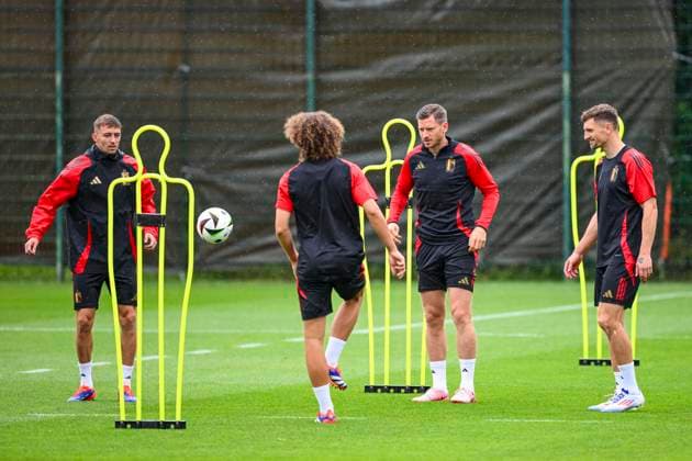 Belgium Media Activities - UEFA EURO, EM, Europameisterschaft,Fussball 2024 30 06 2024 FREIBERG AM NECKA, GERMANY - JUNE 30 :Vertonghen Jan defender of Belgium, Castagne Timothy defender of Belgium, Meunier Thomas defender of Belgium during a training session of the Belgian Red Devils at the UEFA EURO 2024 European Football Championship tournament on June 30, 2024 in Freiberg am Necka, Germany, 30 06 2024 Freiberg am Necka Germany  Copyright: xVincentxKalutx