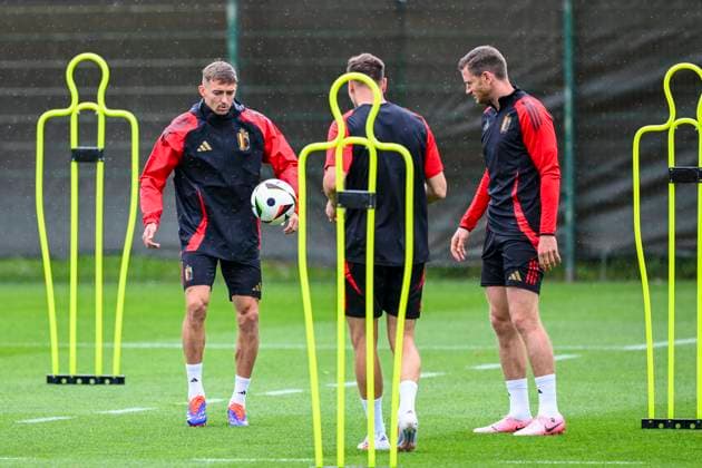 Belgium Media Activities - UEFA EURO, EM, Europameisterschaft,Fussball 2024 30 06 2024 FREIBERG AM NECKA, GERMANY - JUNE 30 :Vertonghen Jan defender of Belgium, Castagne Timothy defender of Belgium, Meunier Thomas defender of Belgium during a training session of the Belgian Red Devils at the UEFA EURO 2024 European Football Championship tournament on June 30, 2024 in Freiberg am Necka, Germany, 30 06 2024 Freiberg am Necka Germany  Copyright: xVincentxKalutx