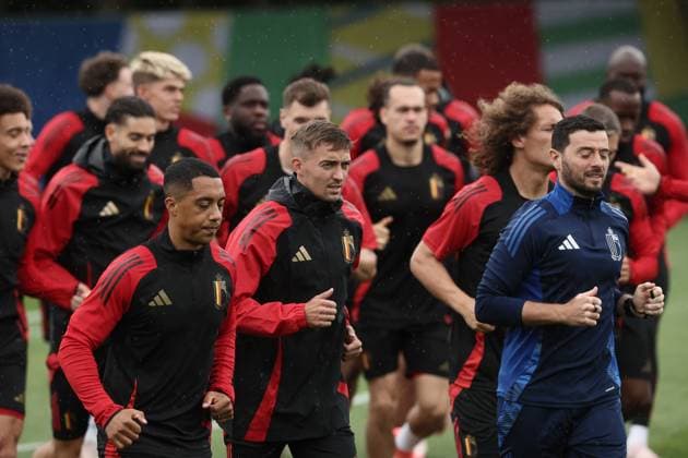 Belgium s players pictured during a training session of Belgian national soccer team Red Devils, Sunday 30 June 2024 at their base camp in Freiberg am Neckar, Germany, during the UEFA EURO, EM, Europameisterschaft,Fussball 2024 European Soccer Championships. On Monday the Red Devils will meet France in the Round of 16. BRUNOxFAHY  x95541848x