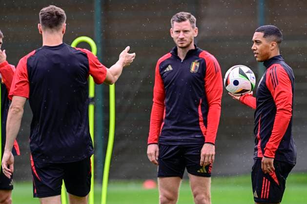 Belgium Media Activities - UEFA EURO, EM, Europameisterschaft,Fussball 2024 30 06 2024 FREIBERG AM NECKA, GERMANY - JUNE 30 : Vertonghen Jan defender of Belgium, Tielemans Youri midfielder of Belgium during a training session of the Belgian Red Devils at the UEFA EURO 2024 European Football Championship tournament on June 30, 2024 in Freiberg am Necka, Germany, 30 06 2024 Freiberg am Necka Germany  Copyright: xPeterxDexVoechtx